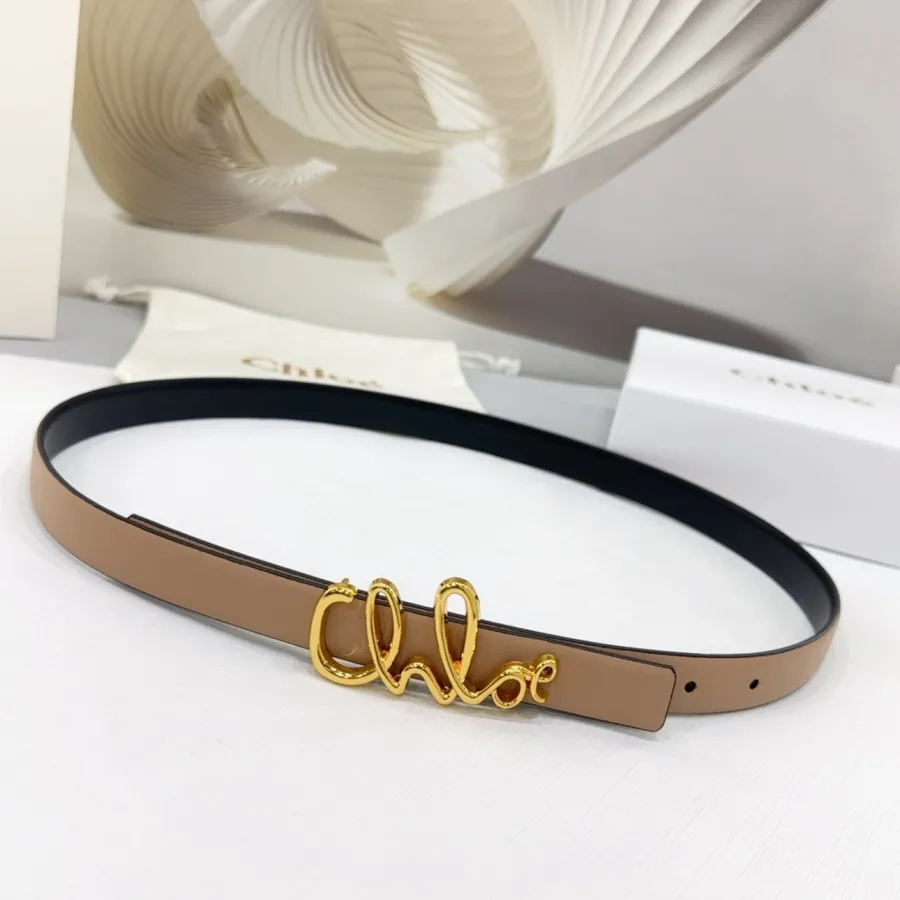 Chloe Logo Buckle Belt In Gold/Khaki/Brown/Red/Pink Calfskin With Gold Hardware 20mm