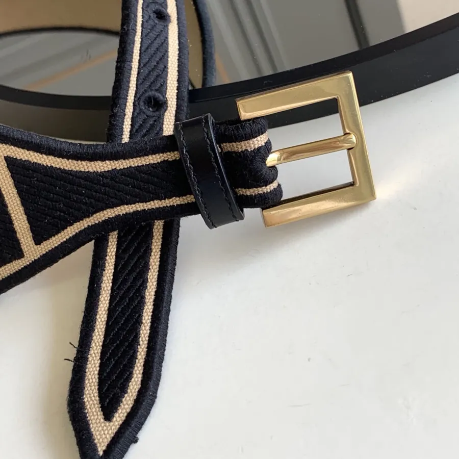 Fendi Women's Belt In Green/Black/Beige/Yellow FF Logo Embroidery Canvas With Gold Hardware 60mm