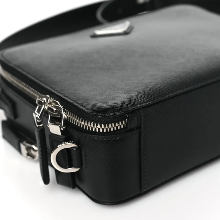 Prada Medium Travel Brique Crossbody Bag Black Saffiano Leather Silver Hardware