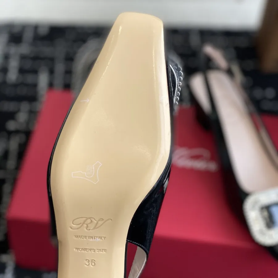 Roger Vivier Belle Viver Slingback Pumps High Heels In Black Patent Leather With Crystal Buckle (Heel Height 4.5cm)