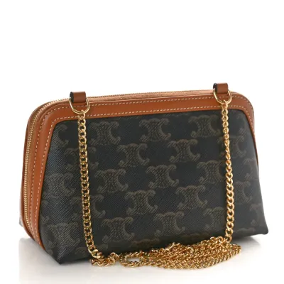 Celine Mini Clutch on Chain Tan Triomphe Canvas & Calfskin Leather Gold Hardware