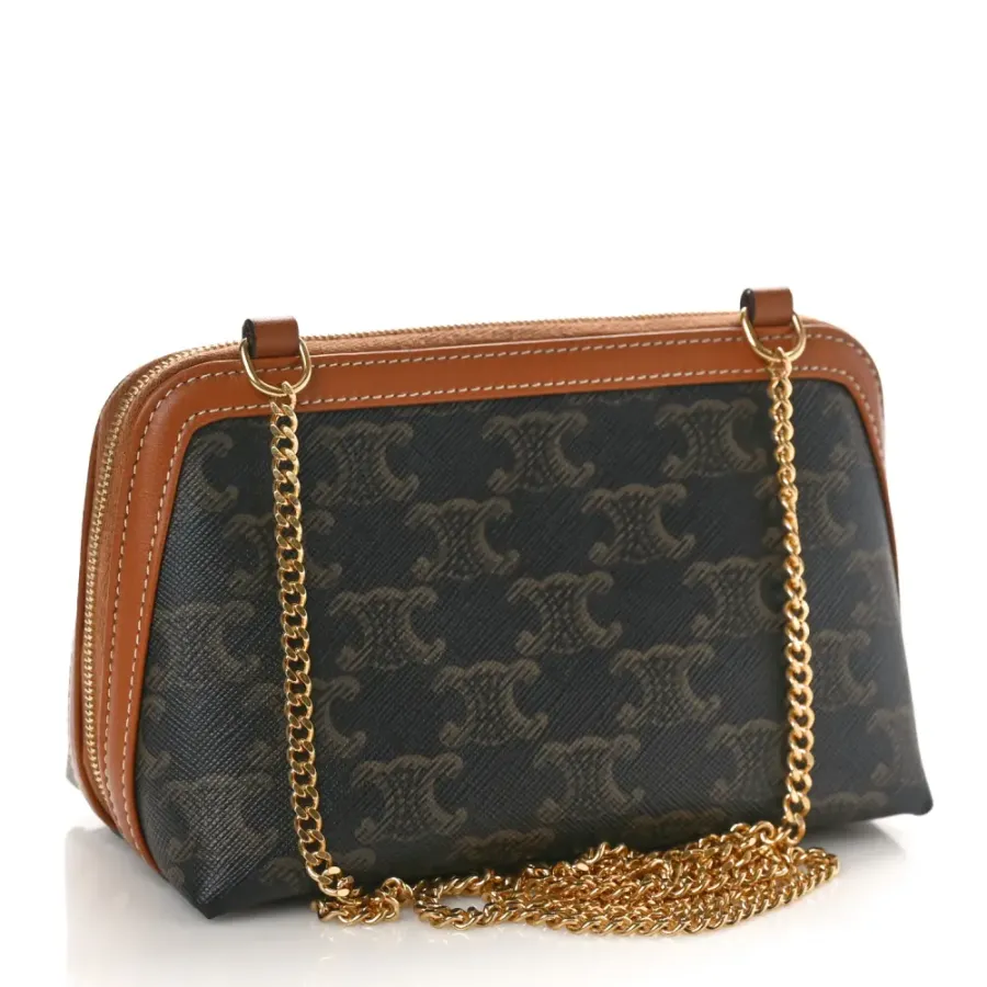 Celine Mini Clutch on Chain Tan Triomphe Canvas & Calfskin Leather Gold Hardware