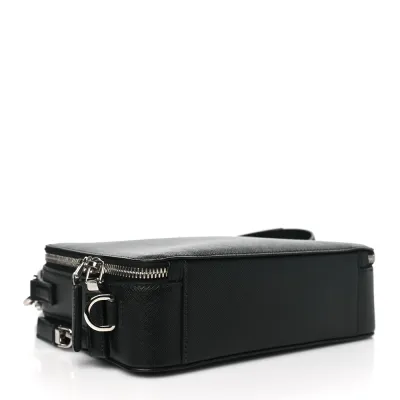 Prada Medium Travel Brique Crossbody Bag Black Saffiano Leather Silver Hardware