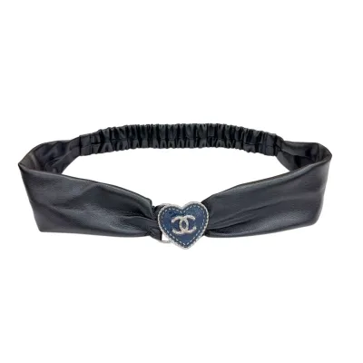 Chanel Women's Heart Buckle Elastic Belt In Black/White Lambskin With Silver Blue Hardware 50mm