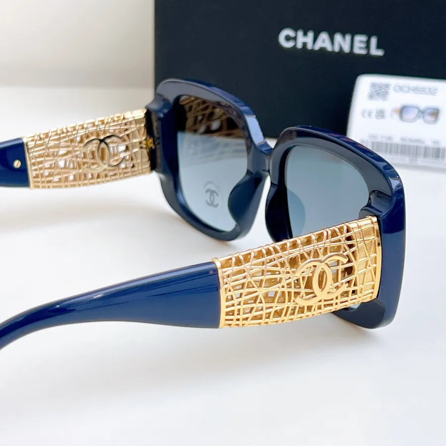 CHANEL square frame glasses blue gold color size 54-20-140