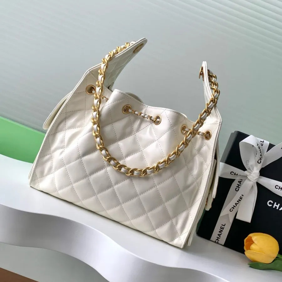 Chanel White Quilted Shiny Calfskin Leather  Shoulder Bags