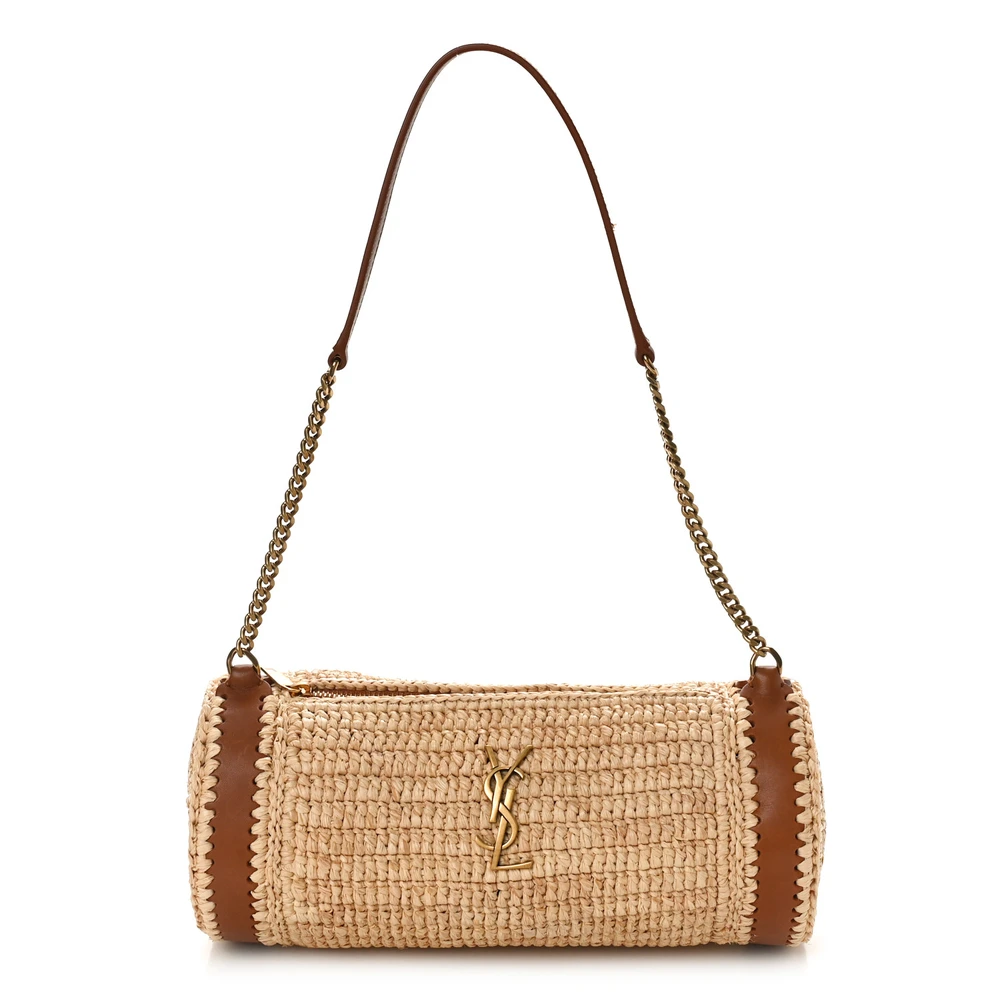 Saint Laurent Bolsa Cilíndrica Pequena Natural e Tijolo Monograma Raffia Cassandre Hardware Envelhecido Ouro
