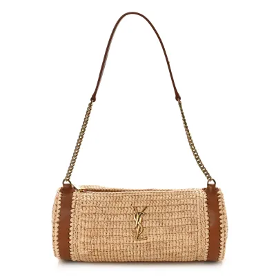 Saint Laurent Small Cylindric Bag Natural and Brick Monogram Raffia Cassandre Aged Gold Hardware