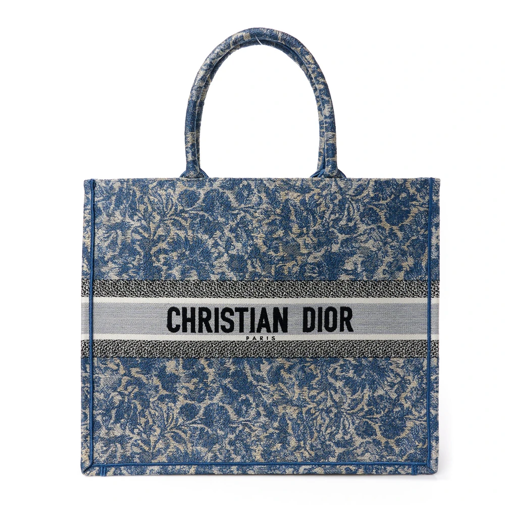 Dior Bolsa Book Tote Grande em Brocado Azul de Lona Bordada