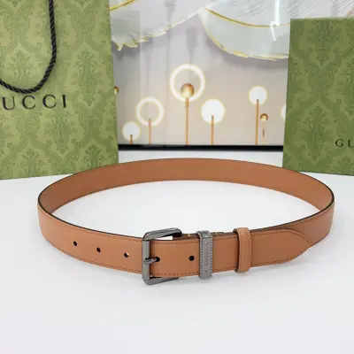 Gucci Women's Emblem Belt With Square Buckle In Black/Brown Calfskin And Beige/Black Monogram Canvas With Gold/Silver/Gun Black Hardware 30mm