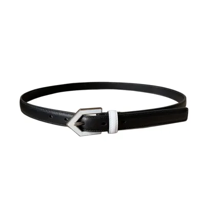 Saint Laurent Triangle Frame Buckle Thin Belt In Black/White Smooth Calfskin With Silver Hardware 20mm