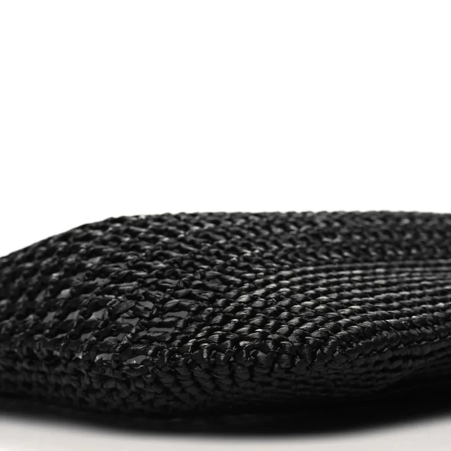 Prada Large Effect Logo Embroidered Shopping Crochet Tote Bag Black Yarn Raffia