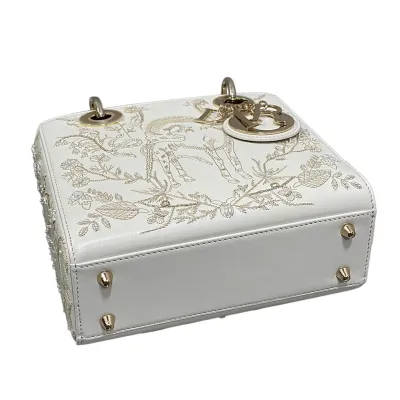 Dior Small Lady Dior Bag In White Calfskin Leather and White Satin Embroidered with Beads Light Gold Hardware