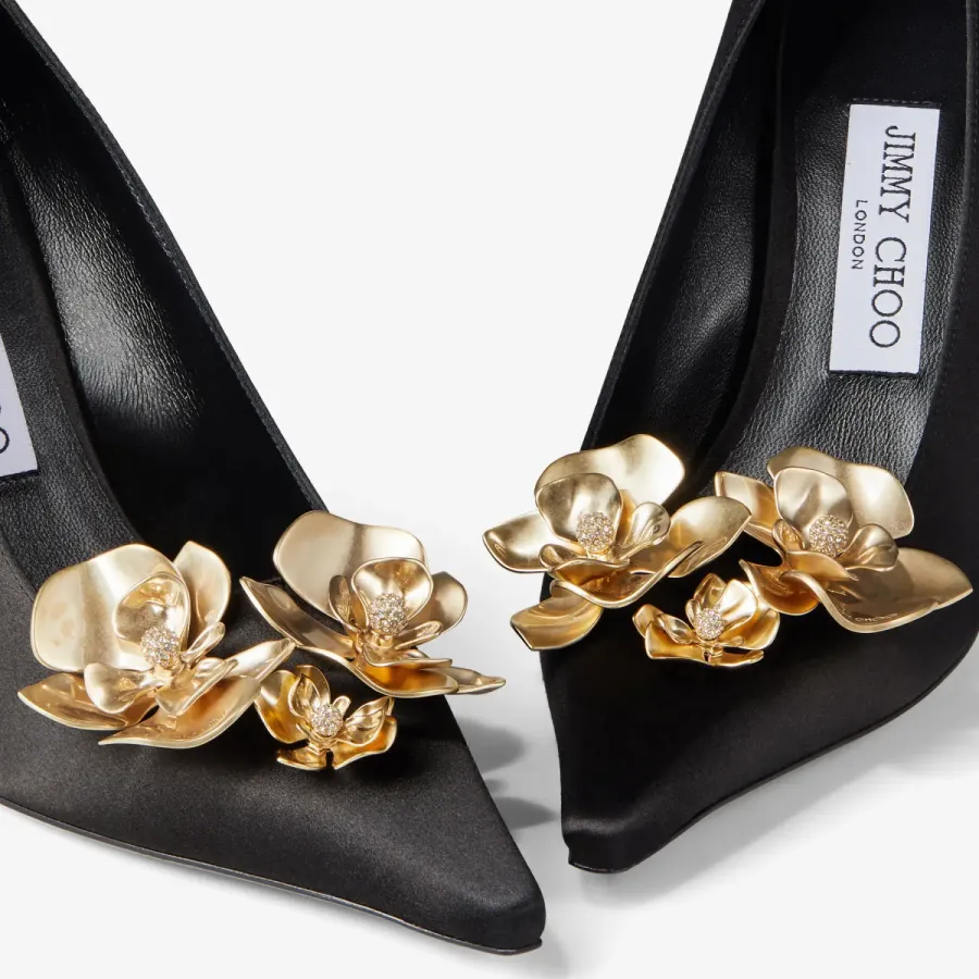 JIMMY CHOO Black satin floral embellished heels