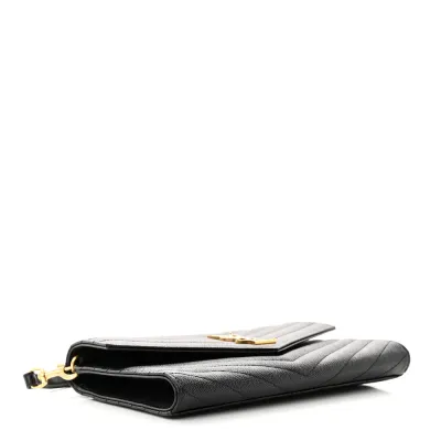 Saint Laurent Medium Envelope Clutch Black Chevron Monogram Grain De Poudre Matelasse Leather Gold Hardware