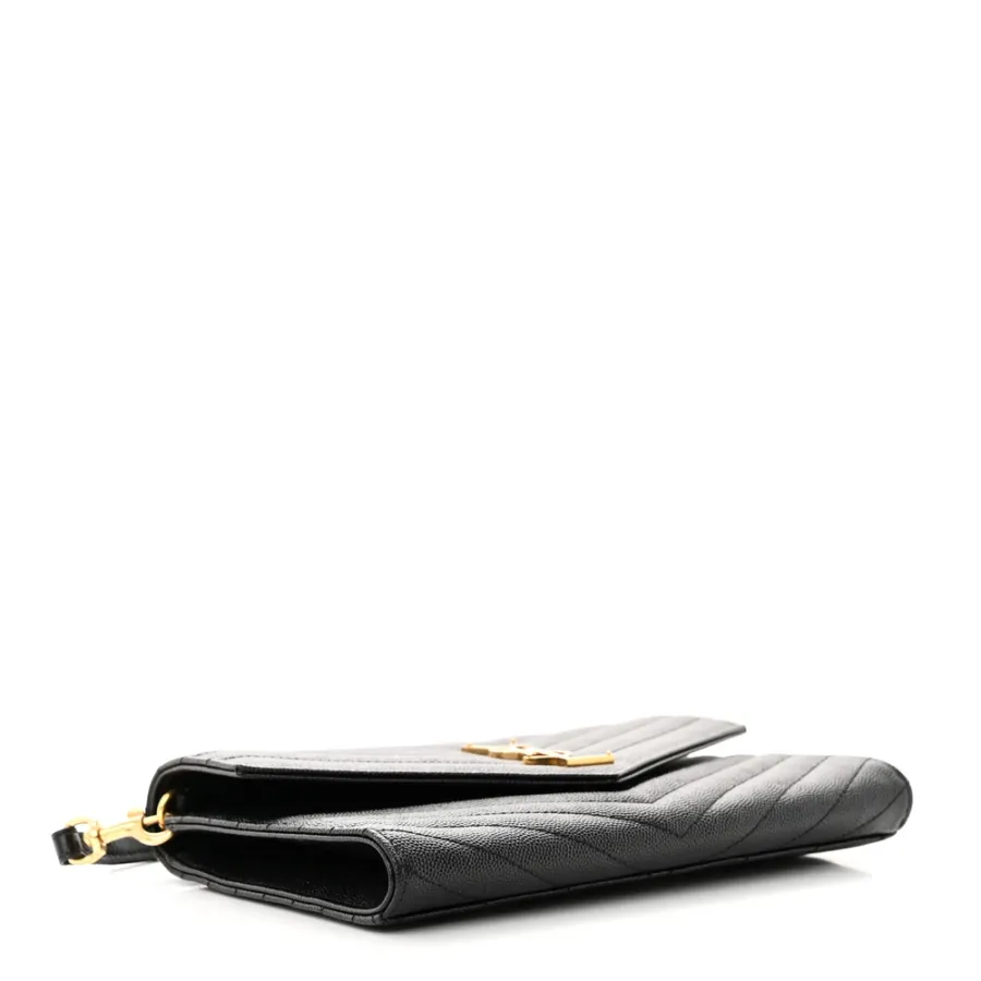 Saint Laurent Medium Envelope Clutch Black Chevron Monogram Grain De Poudre Matelasse Leather Gold Hardware