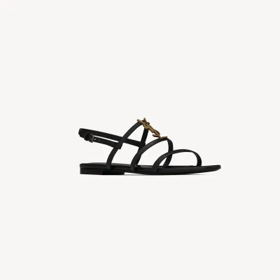 Yves Saint Laurent Gold lettering logo black smooth leather Sandal