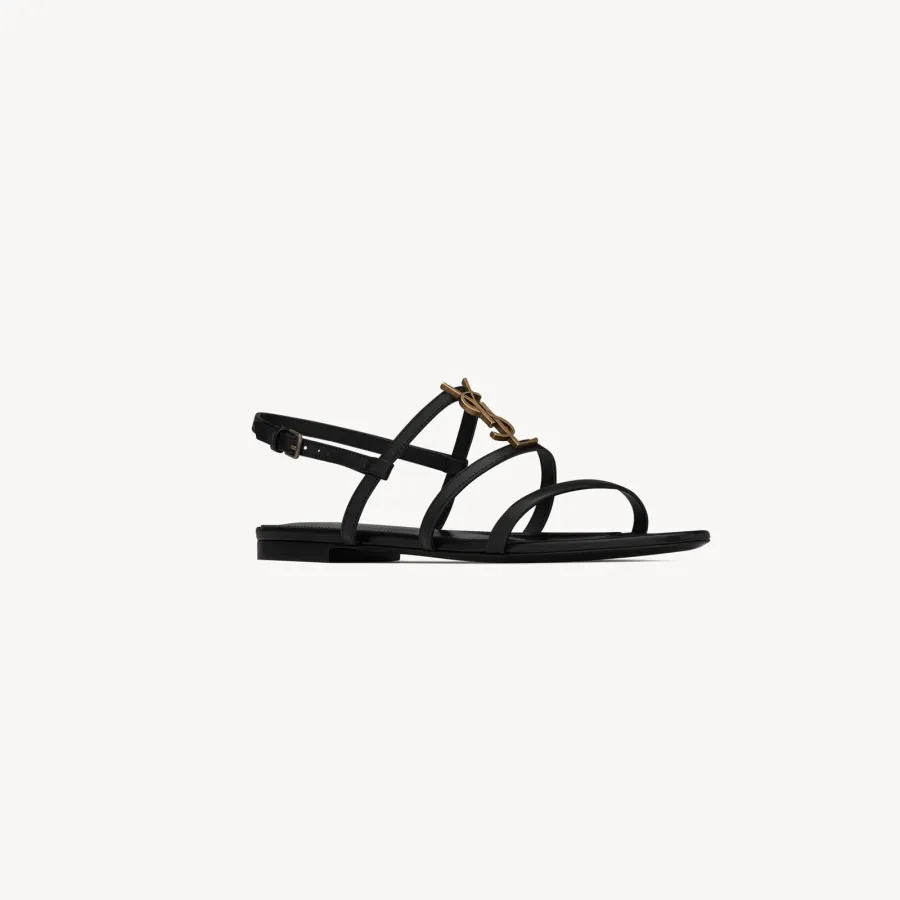 Yves Saint Laurent Gold lettering logo black smooth leather Sandal