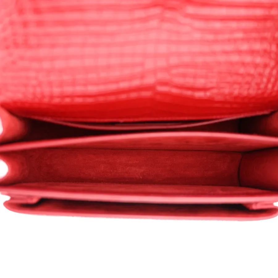 Saint Laurent Medium Sunset Bag Rouge Eros Embossed Monogram Calfskin & Crocodile Leather Silver Hardware
