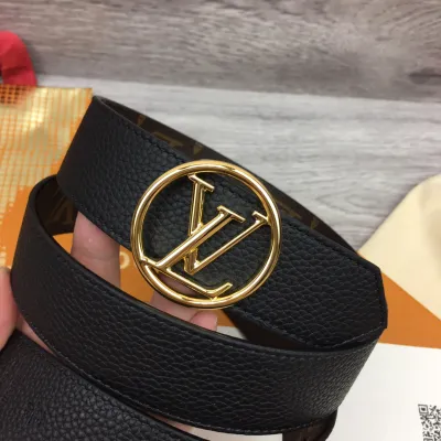 Louis Vuitton Women's Circle Buckle Belt In Black Calfskin And Monogram Canvas With Gold Hardware 35mm