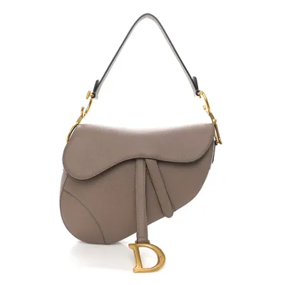 Dior Medium Saddle Bag Warm Taupe Grained Calfskin Leather Gold Hardware