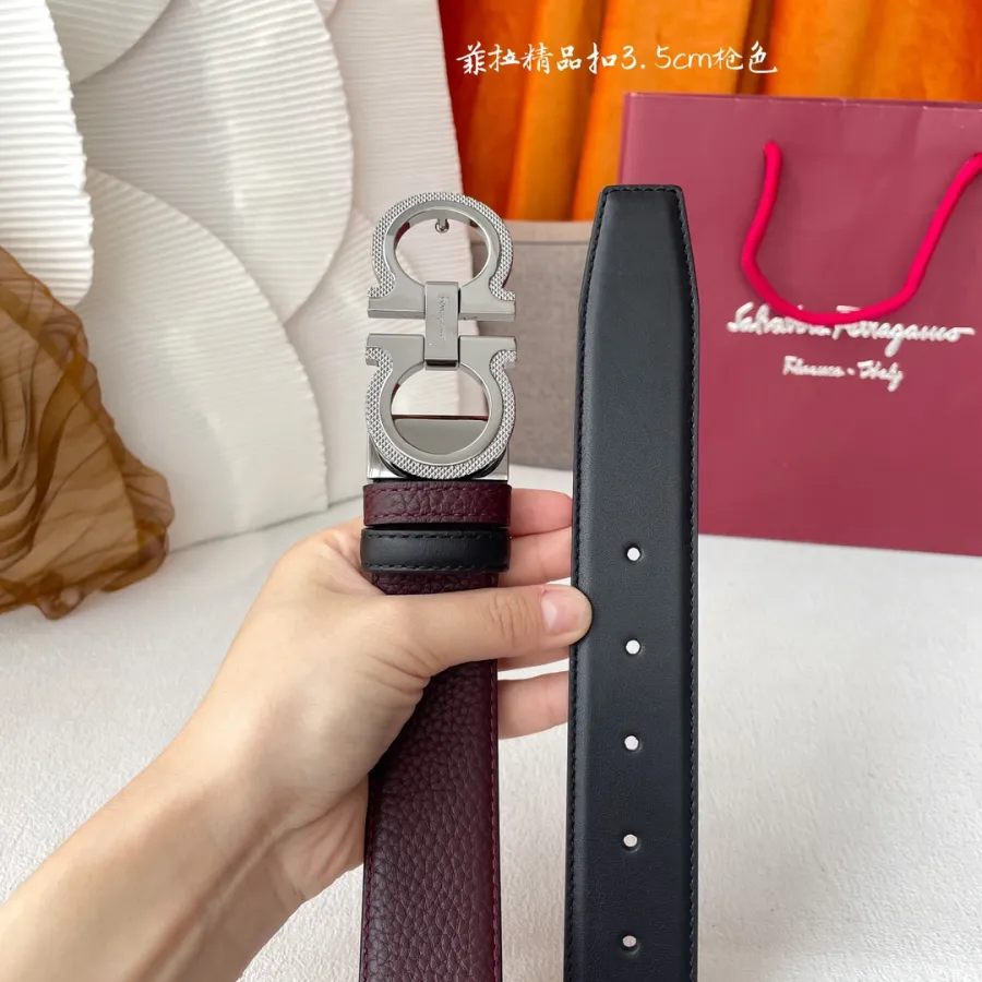 Ferragamo Men's Double Gancini Buckle Reversible Belt In Blue/Black/Burgundy Grained Calfskin With Gold/Silver/Black Hardware 35mm