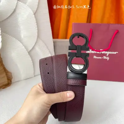 Ferragamo Men's Double Gancini Buckle Reversible Belt In Blue/Black/Burgundy Grained Calfskin With Gold/Silver/Black Hardware 35mm