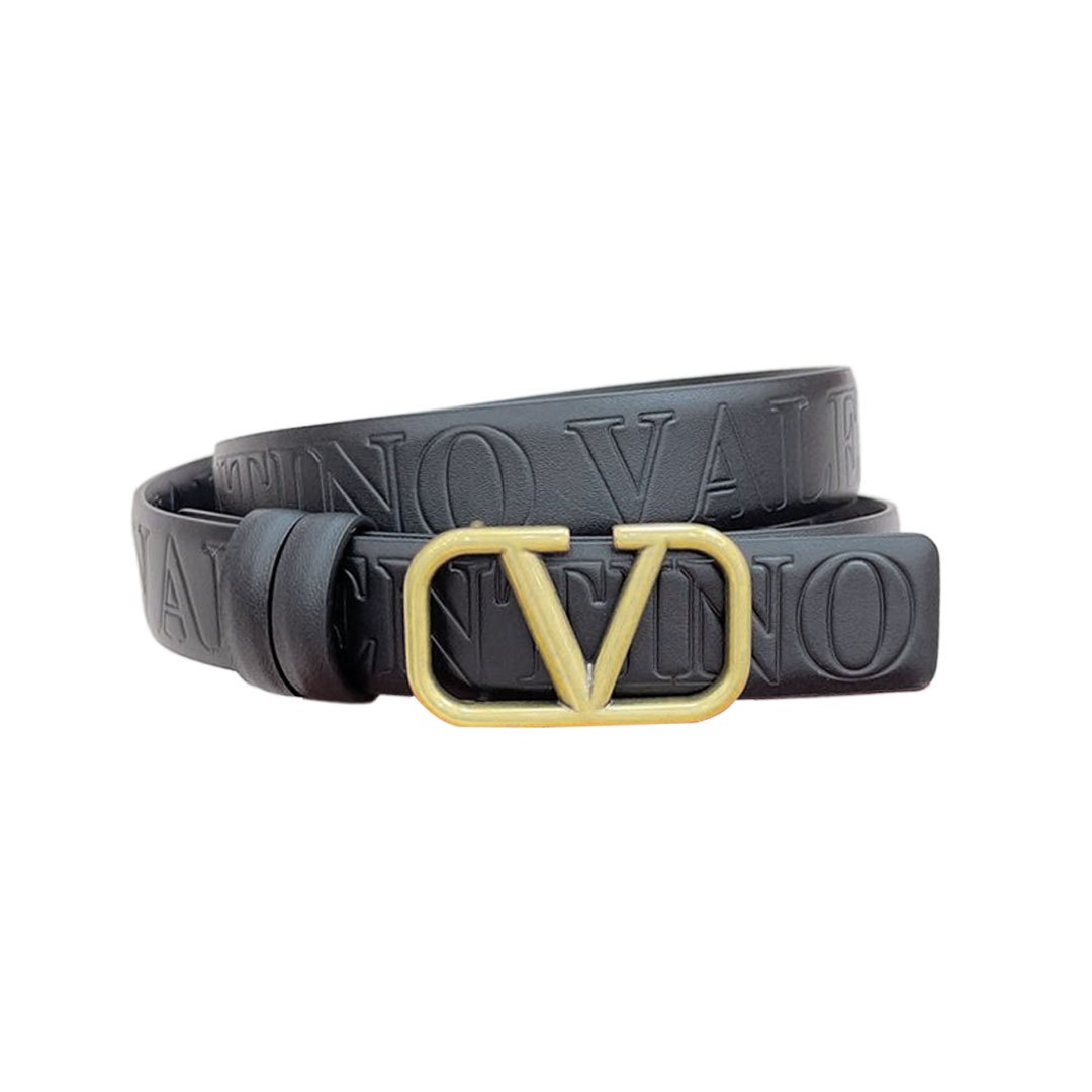 Cinto Valentino V com Fivela em Monograma Preto em Pele de Bezerro com Acabamento Dourado 20mm