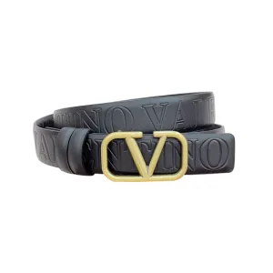 Valentino V Buckle Belt In Black Monogram Logo Calfskin With Gold Hardware 20mm