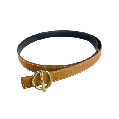 Hermès Women' s Round Buckle Reversible Belt In Blue/Brown/White Calfskin With Gold Hardware 25mm
