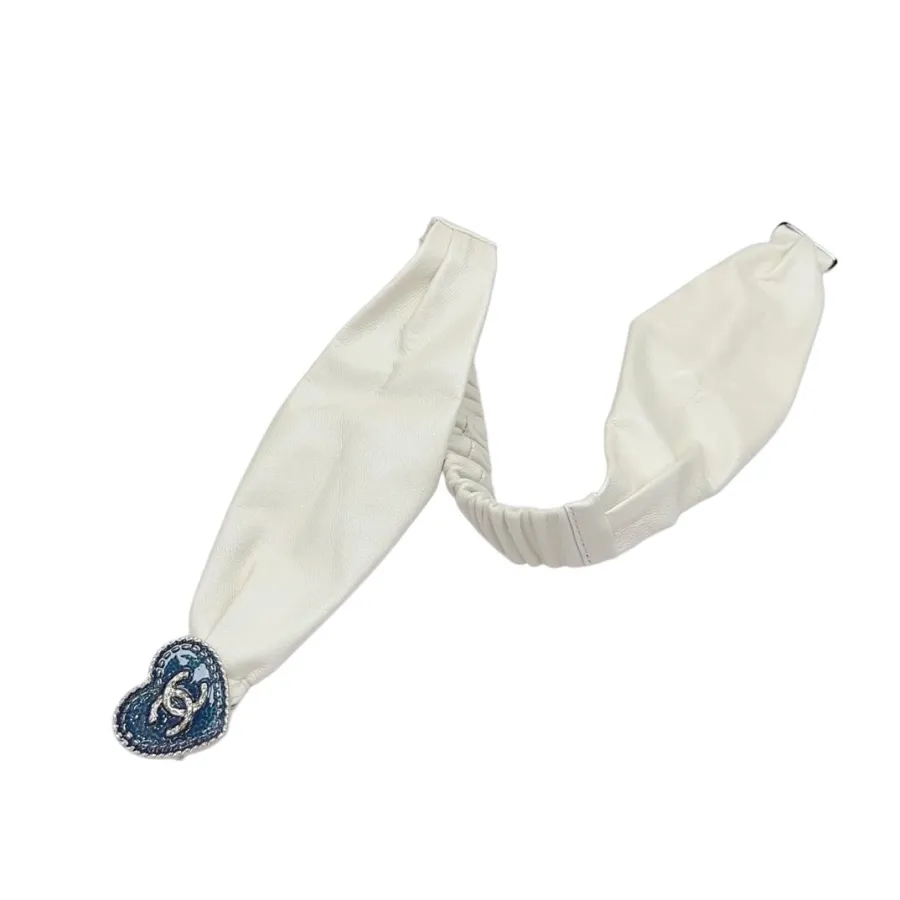 Chanel Women's Heart Buckle Elastic Belt In Black/White Lambskin With Silver Blue Hardware 50mm