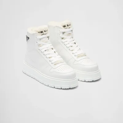 PRADA White leather and sheepskin high-top sneakers