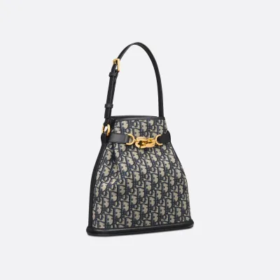 Dior Medium C'est Dior Bag In Black CD-Embossed Calfskin/Blue Dior Oblique Jacquard With Gold Hardware