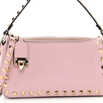 Valentino Garavani Small Rockstud Flip Lock Shoulder Bag Water Rose Pebbled Calfskin Leather Gold Hardware