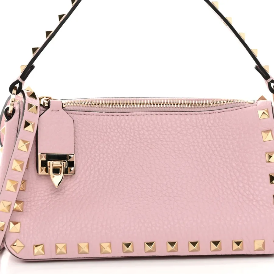 Valentino Garavani Small Rockstud Flip Lock Shoulder Bag Water Rose Pebbled Calfskin Leather Gold Hardware