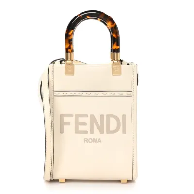 Fendi Mini Logo Embossed Sunshine Shopper Tote White Ice King Vitello Leather & Plexiglass Gold Hardware