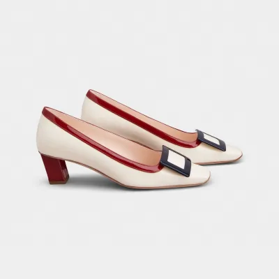 Roger Vivier Belle Vivier Pumps High Heels In White/Red Leather With Lacquered Metal Buckle (Heel Height 4.5cm)