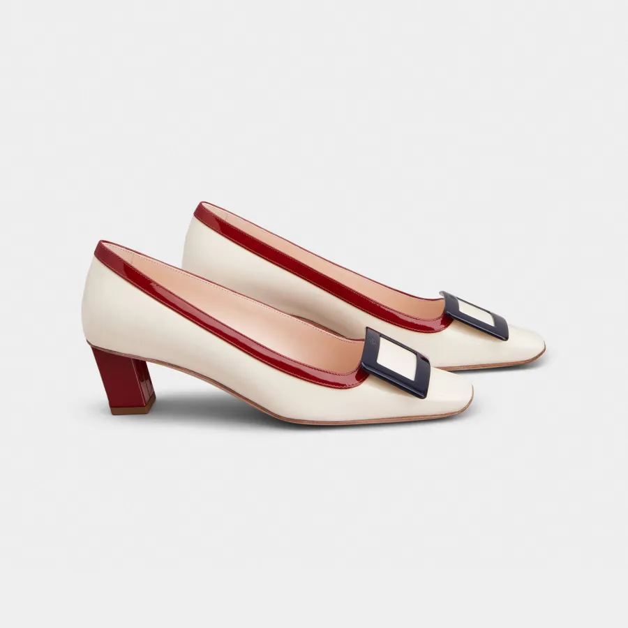 Roger Vivier Belle Vivier Pumps High Heels In White/Red Leather With Lacquered Metal Buckle (Heel Height 4.5cm)