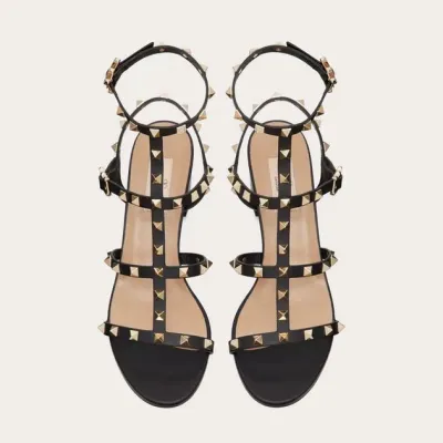VALENTINO Black Wraparound ankle strap rivet sandals (heel height 6cm)