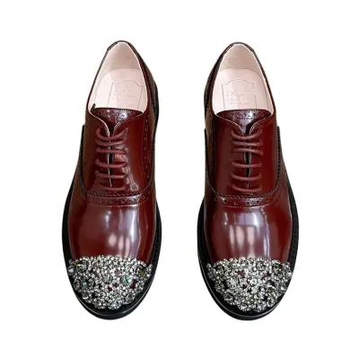 Roger Vivier Viv' Rangers Lace-Ups Loafers In White/Red Leather With Crystal Flowers