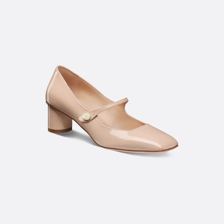 Dior apricot nude patent leather square head thick heel high heels shoes