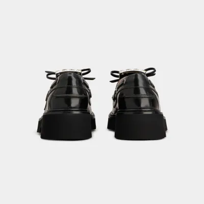 Roger Vivier Viv' Rangers Truck Boat Shoes Loafers In Black Leather With Crystal Buckle (Heel Height 4.5cm)