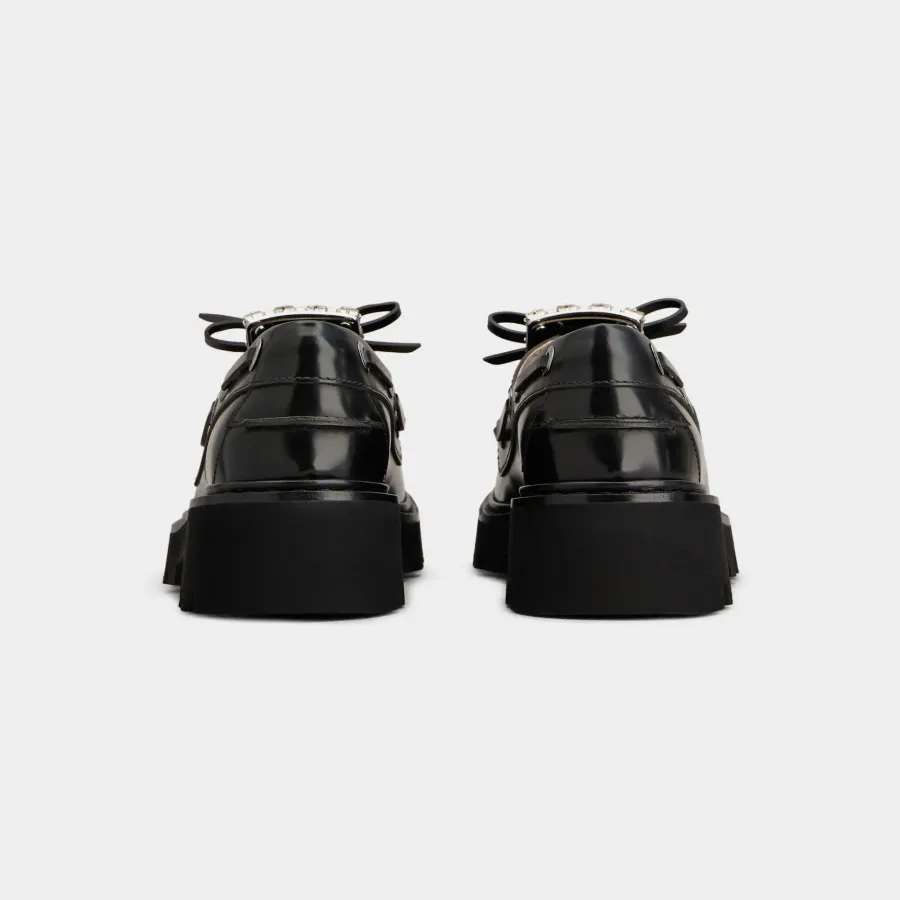 Roger Vivier Viv' Rangers Truck Boat Shoes Loafers In Black Leather With Crystal Buckle (Heel Height 4.5cm)