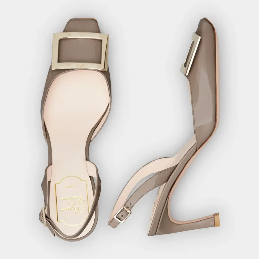 Roger Vivier Trompette Slingback Pumps High Heels In Beige Patent Leather With Metal Buckle (Heel Height 7cm)