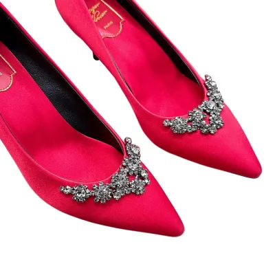 Roger Vivier Efflorescence Pumps High Heels In Red/Silver Satin With Crystal Flowers Buckle (Heel Height 6.5cm)
