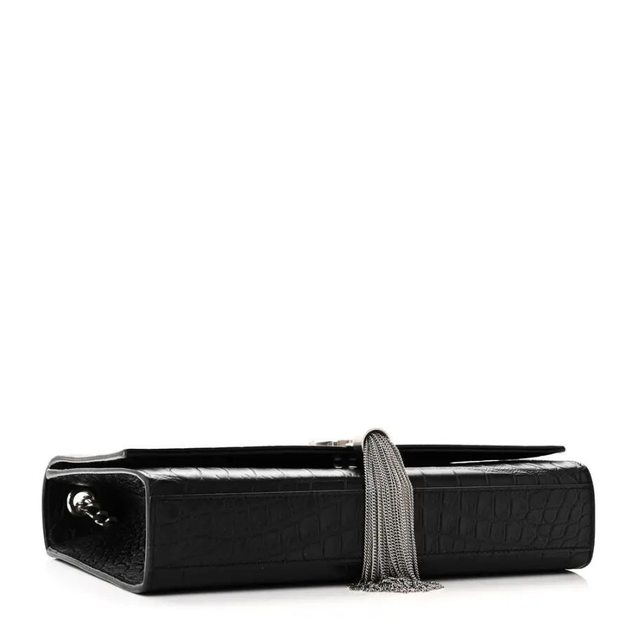 Saint Laurent Medium Kate Tassel Satchel Black Embossed Classic Monogram Calfskin & Crocodile Leather Silver Hardware