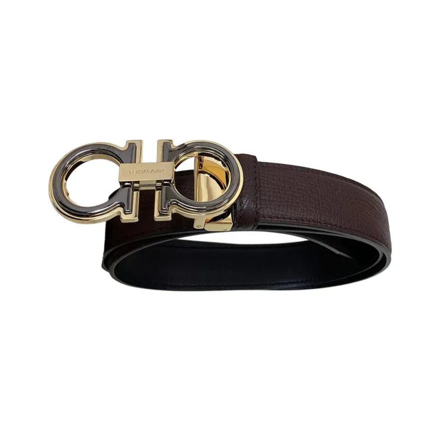 Ferragamo Men's Double Gancini Buckle Reversible Belt In Black/Coffee Saffiano Calfskin With Gold/Silver/Gun Black Hardware 35mm