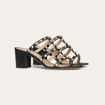 VALENTINO Black calfskin rivet heel sandals (heel height 6cm)
