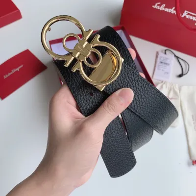 Ferragamo Men's Double Gancini Buckle Reversible Belt In Black/Brown/Coffee Calfskin With Gold/Silver/Black Hardware 35mm