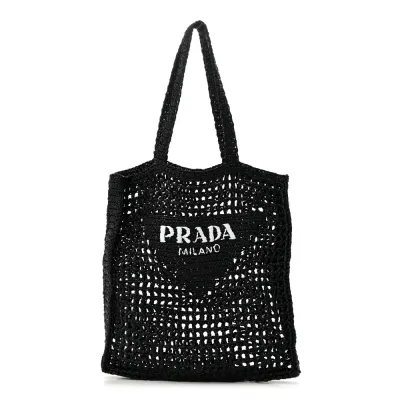 Prada Medium Effect Crochet Logo Embroidered Tote Bag Black Yarn Raffia